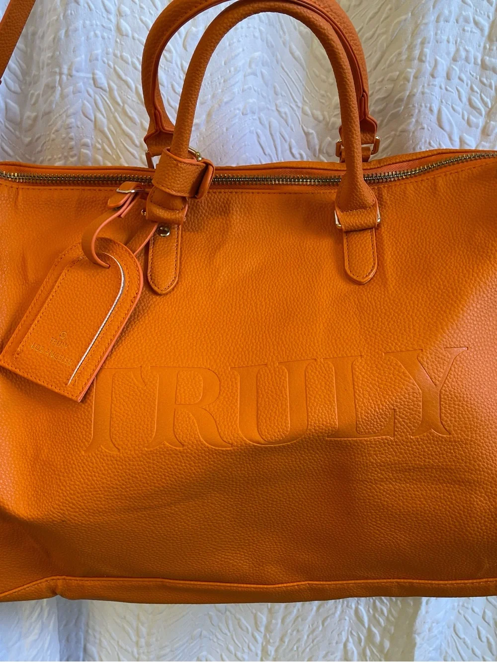 TRULY Orange Leather Duffle Bag Travel Luggage - NWT **